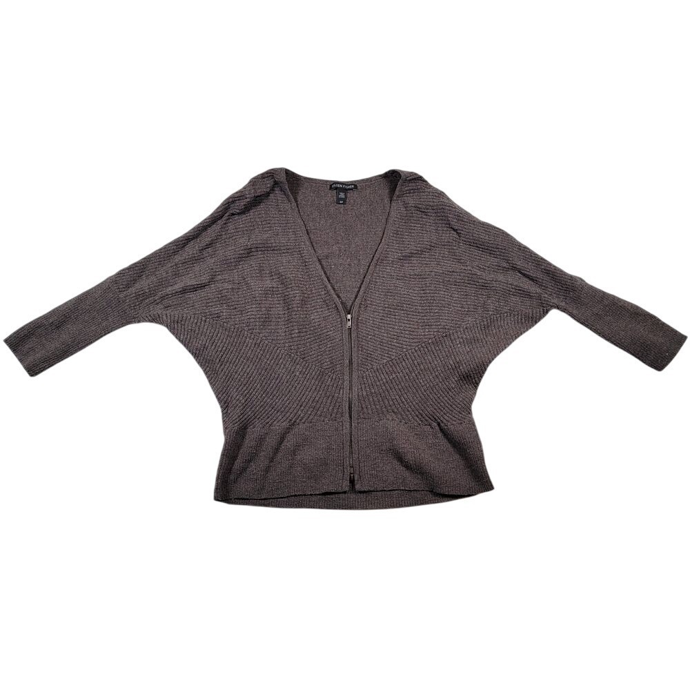 Eileen Fisher 100% Washable Wool Cardigan Sz S Brown Zip Ribbed Sleeves Batwing